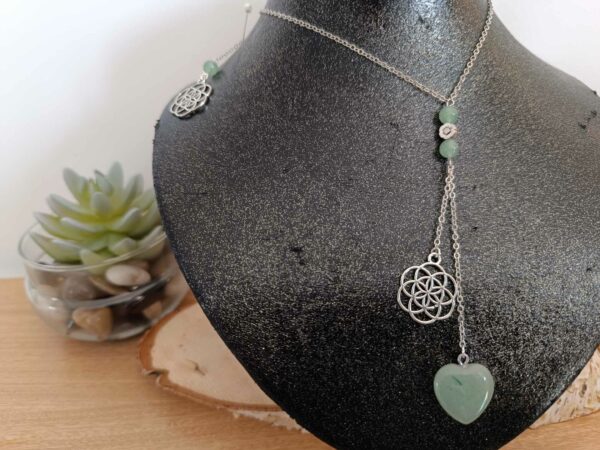Collier cœur en aventurine et fleur de vie – Image 2